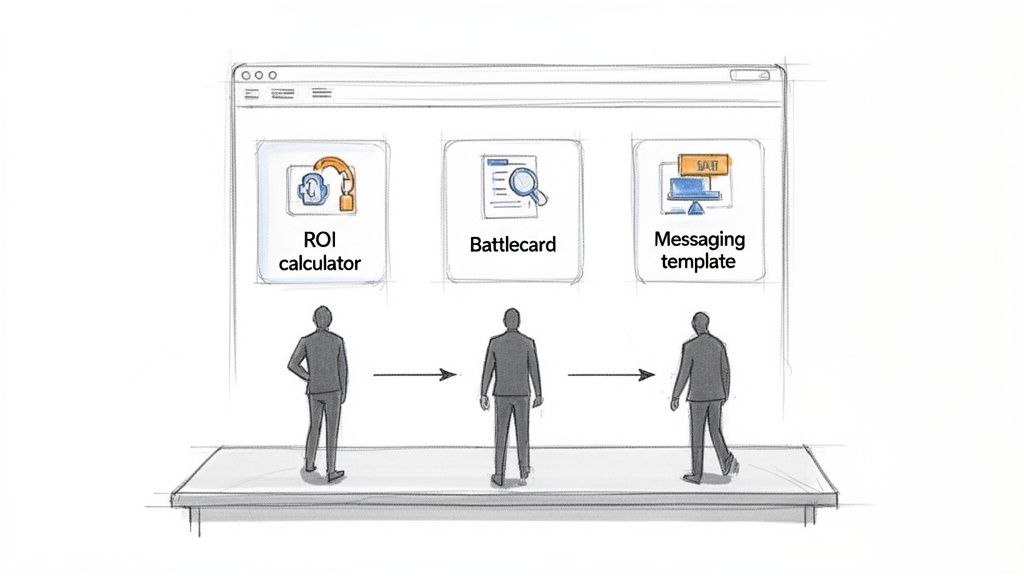 Three figures move through a workflow, utilizing ROI calculator, battlecard, and messaging template applications.