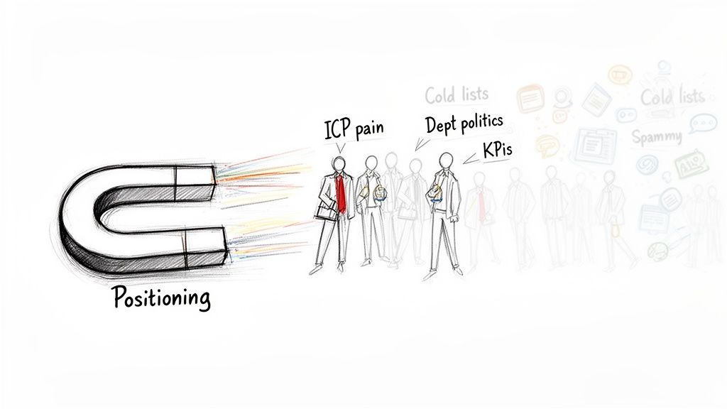 A magnet labeled 'Positioning' attracts business people with pains like 'ICP pain', 'Dept politics', and 'KPIs'.
