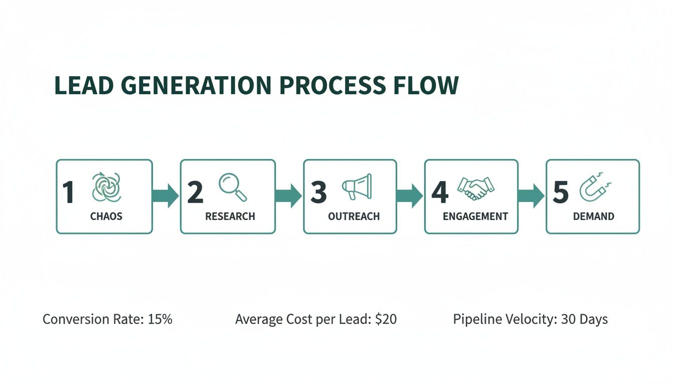 Flowchart illustrating a 5-step lead generation process from chaos to demand, with key metrics.