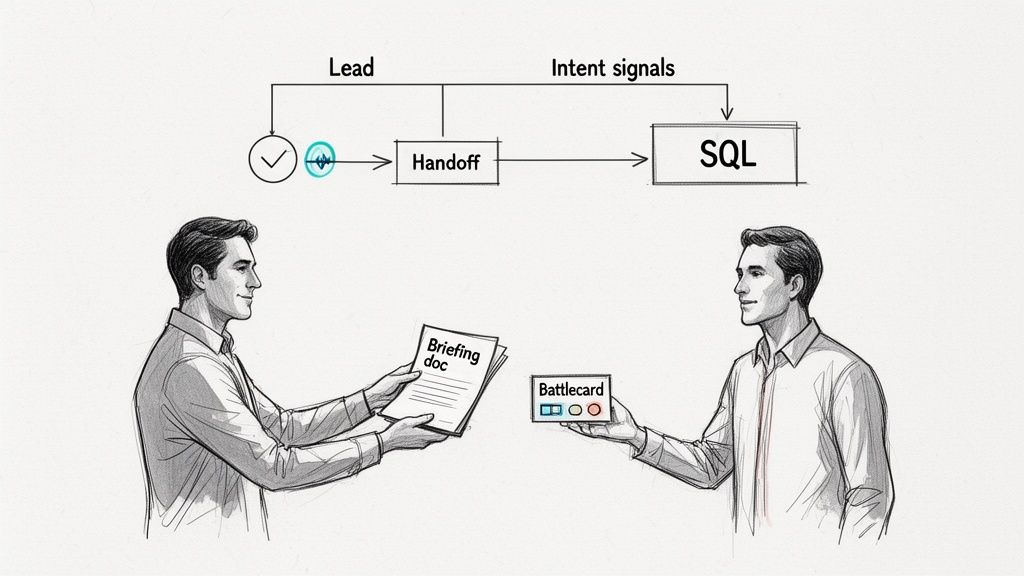 A flowchart shows lead generation and handoff to SQL, with two men exchanging a briefing doc and battlecard.