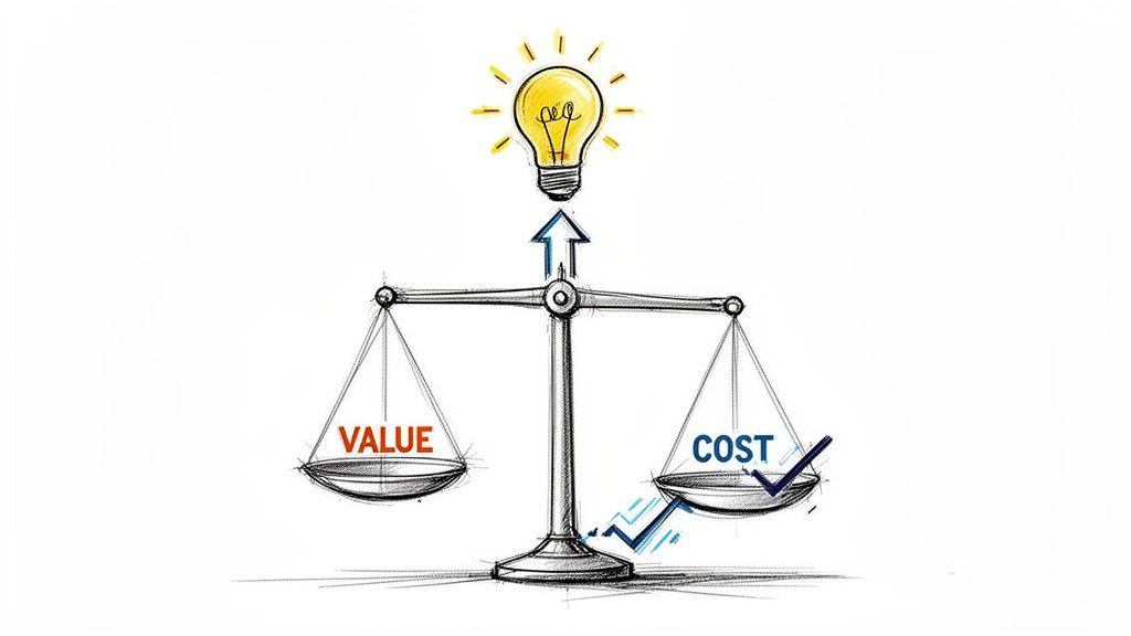 A sketch of a balance scale showing 'VALUE' higher than 'COST' with an upward arrow pointing to a lightbulb, symbolizing innovation.