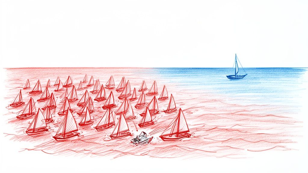 Illustration contrasting crowded red ocean of many competing boats with a single sailboat in a calm blue ocean.