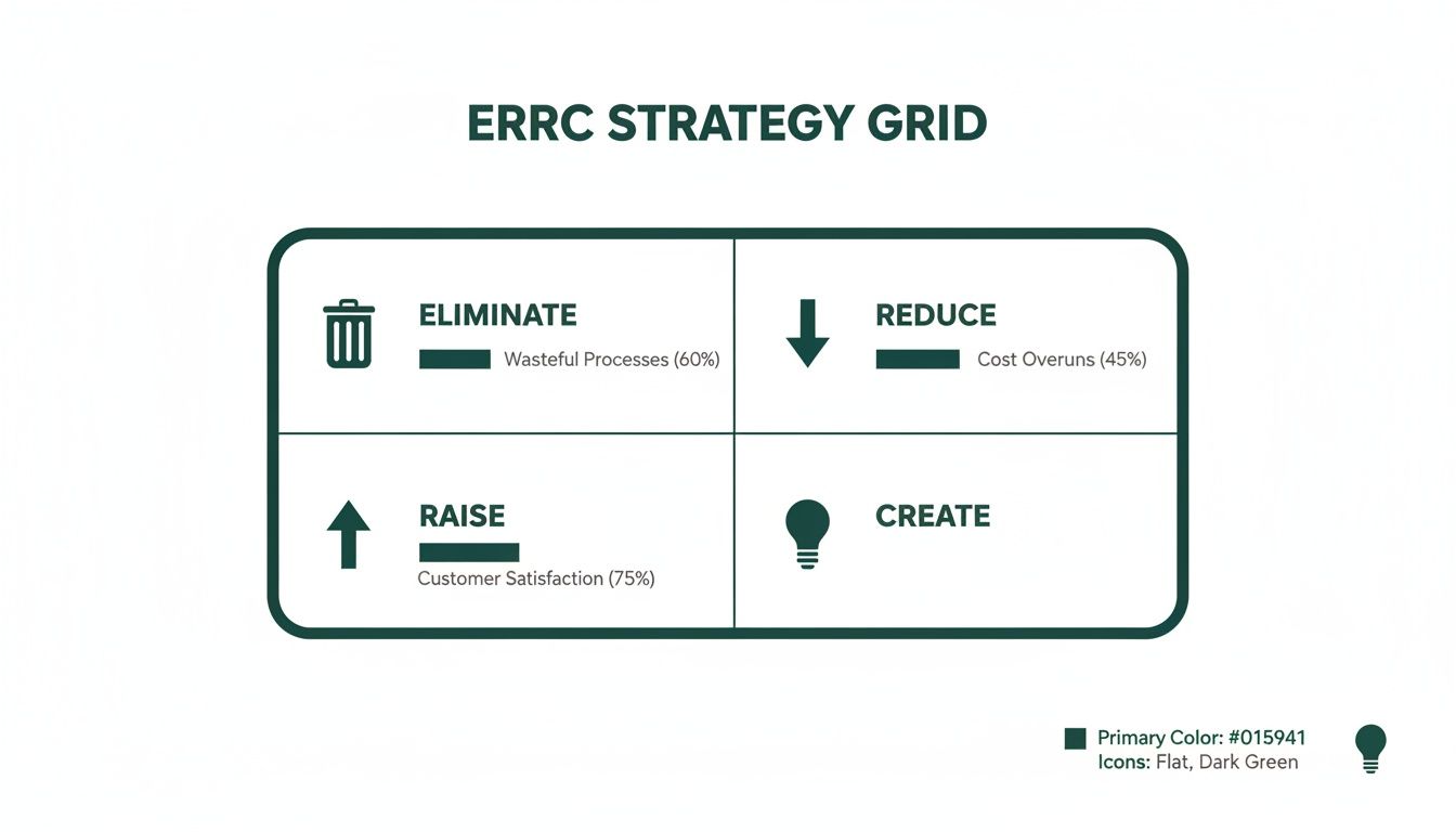 A strategic ERRC grid illustrating actions to Eliminate, Reduce, Raise, and Create for business.