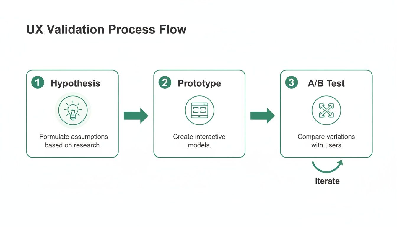 A flow chart detailing the UX Validation Process, including Hypothesis, Prototype, A/B Test, and Iteration.
