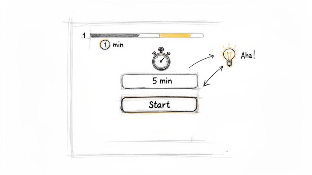 A UI sketch showing a 1-minute timer progress, a stopwatch, '5 min' and 'Start' buttons, and an 'Aha!' lightbulb.