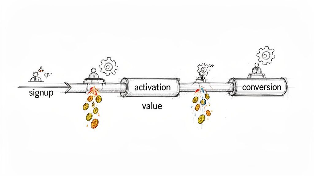 A sketch of a user journey pipeline with signup, activation, and conversion stages showing monetary leaks.