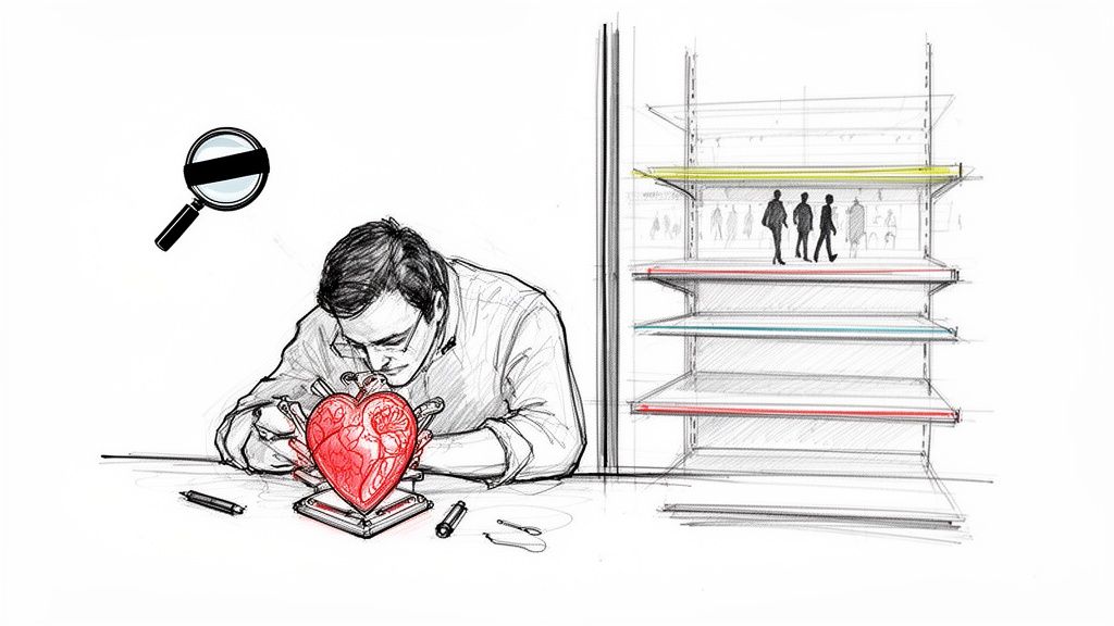 A man meticulously examines a glowing red heart model while silhouettes of people shop on shelves.