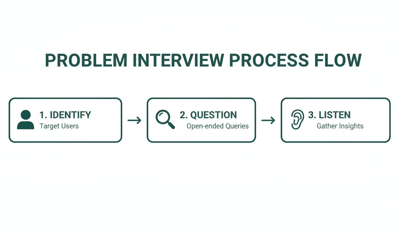 A problem interview process flow showing three steps: identify target users, question with open-ended queries, and listen to gather insights.
