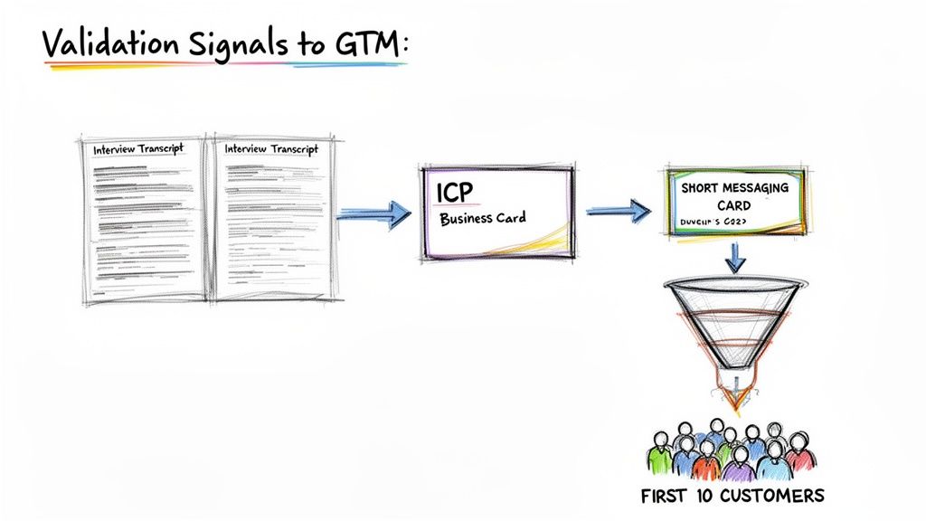 Flowchart illustrating the validation process: from interview transcripts to Ideal Customer Profile, messaging card, and first 10 customers.