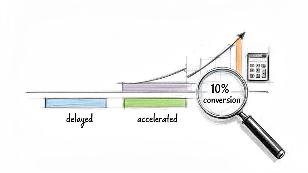 Hand-drawn sketch illustrating 'delayed' and 'accelerated' phases, leading to an upward trend and 10% conversion.
