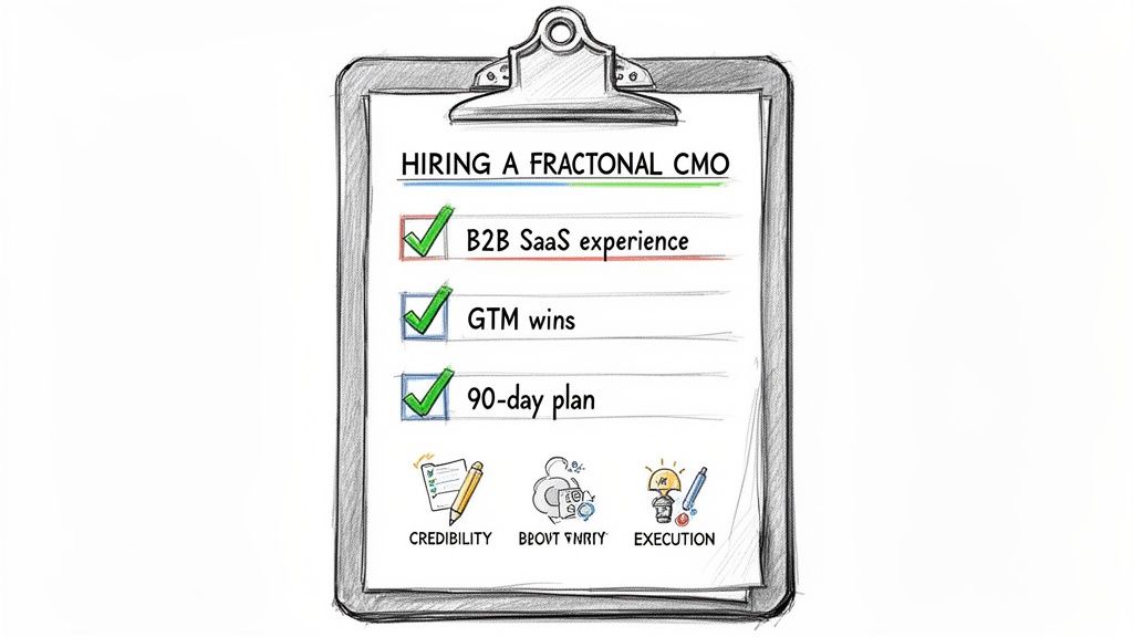 A checklist for hiring a fractional CMO, highlighting B2B SaaS experience, GTM wins, strategy, and execution.