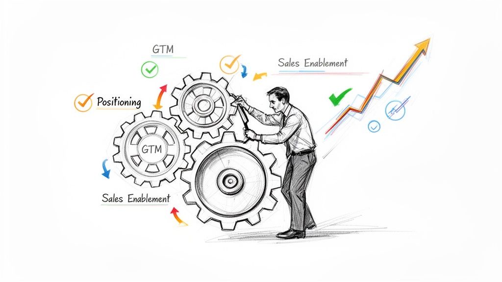 A man turns gears representing GTM, positioning, and sales enablement, driving business growth.