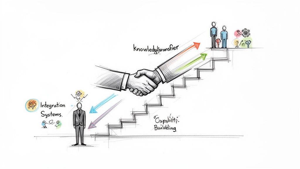 A hand-drawn sketch showing a business handshake over stairs, symbolizing knowledge transfer, capability building, and integration systems for growth.