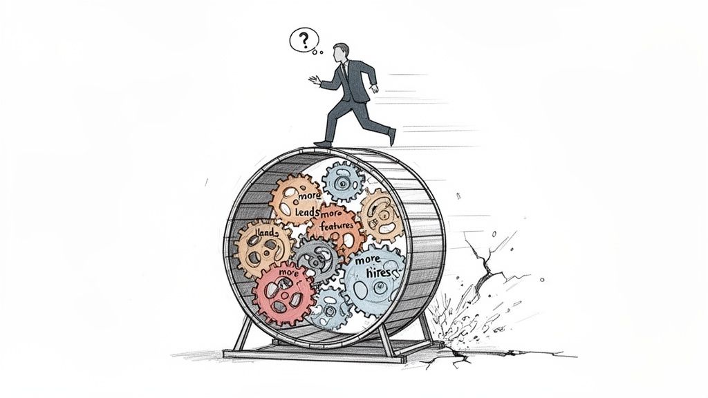 Businessman running on a hamster wheel made of 'more leads, features, hires' gears, cracking the ground.