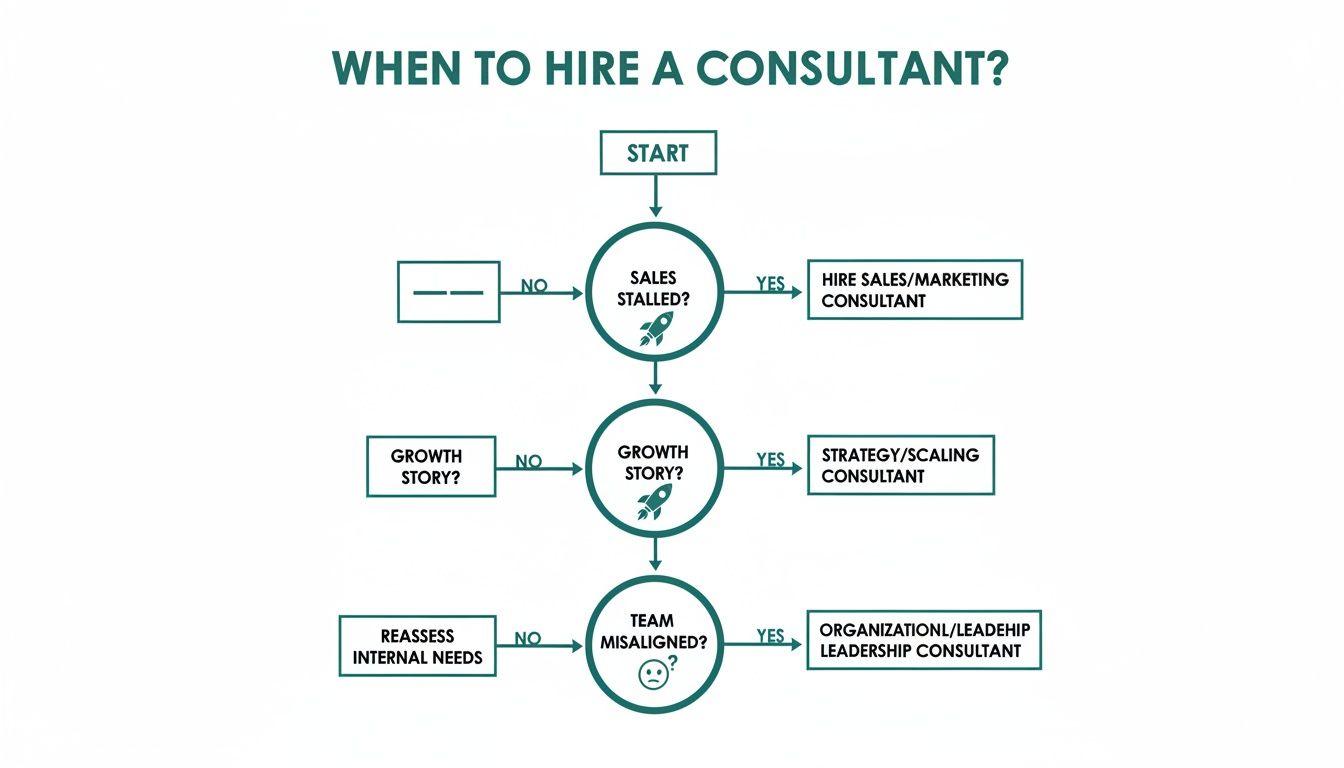 A flowchart titled 'When to Hire a Consultant?' guiding decisions for business problems.