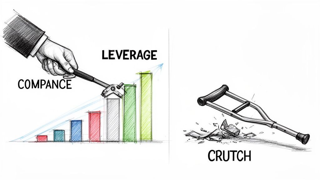A conceptual illustration contrasting the positive impact of leverage on business growth with a broken crutch.