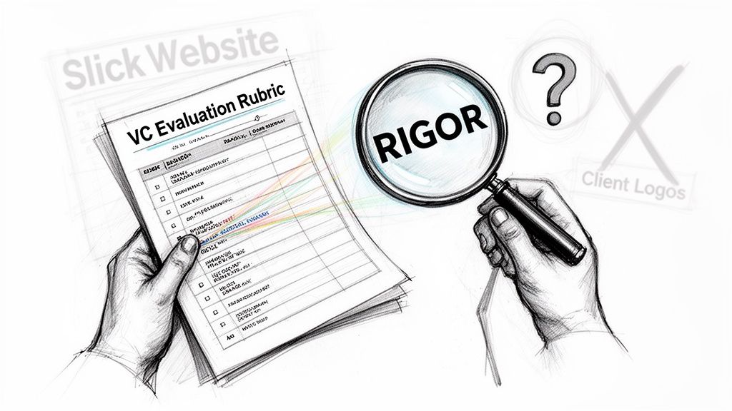 A hand holds a magnifying glass over a venture capital evaluation rubric document with the word rigor.