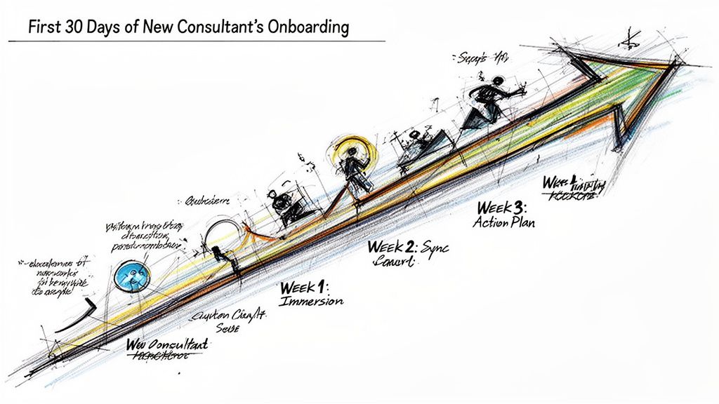 A hand-drawn illustration depicting a upward trending arrow chart showing the consultant onboarding process over 30 days.