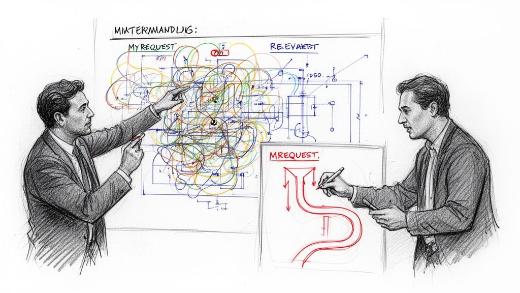 A professional man in a suit presenting complex business diagrams on a large whiteboard in an office.