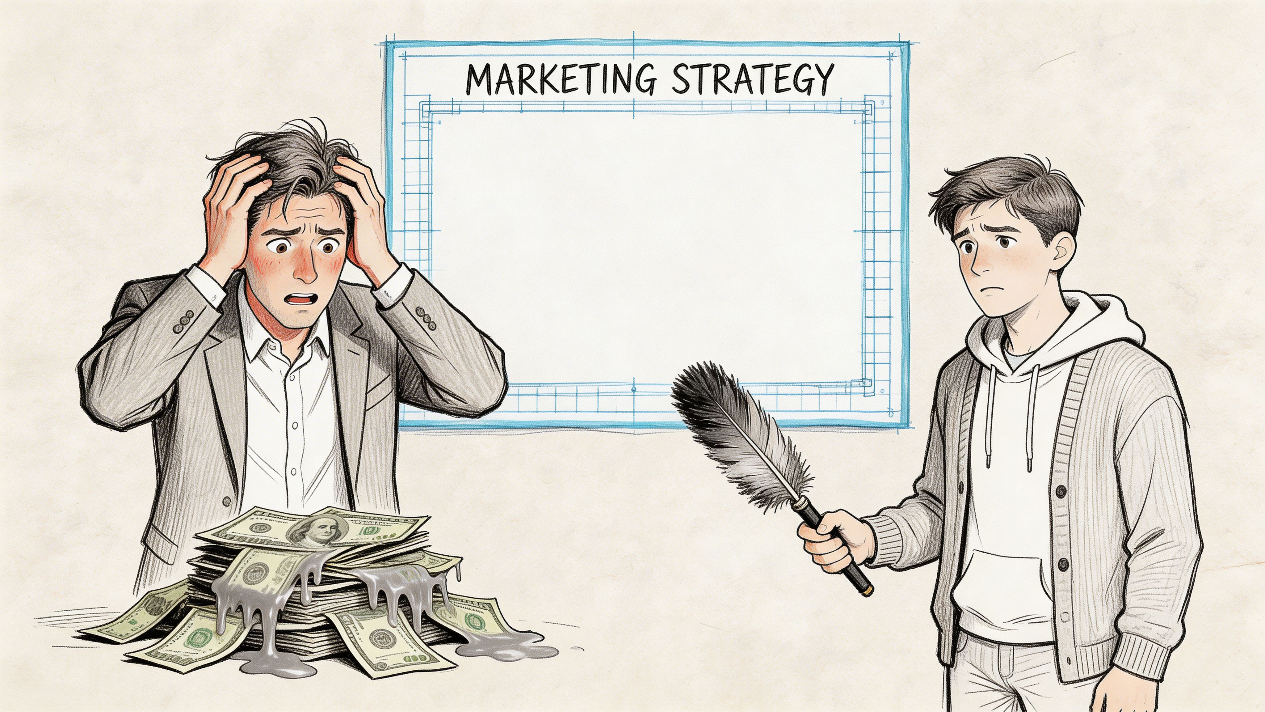 A stressed businessman with melting money alongside a young person holding a feather representing creative marketing strategy.