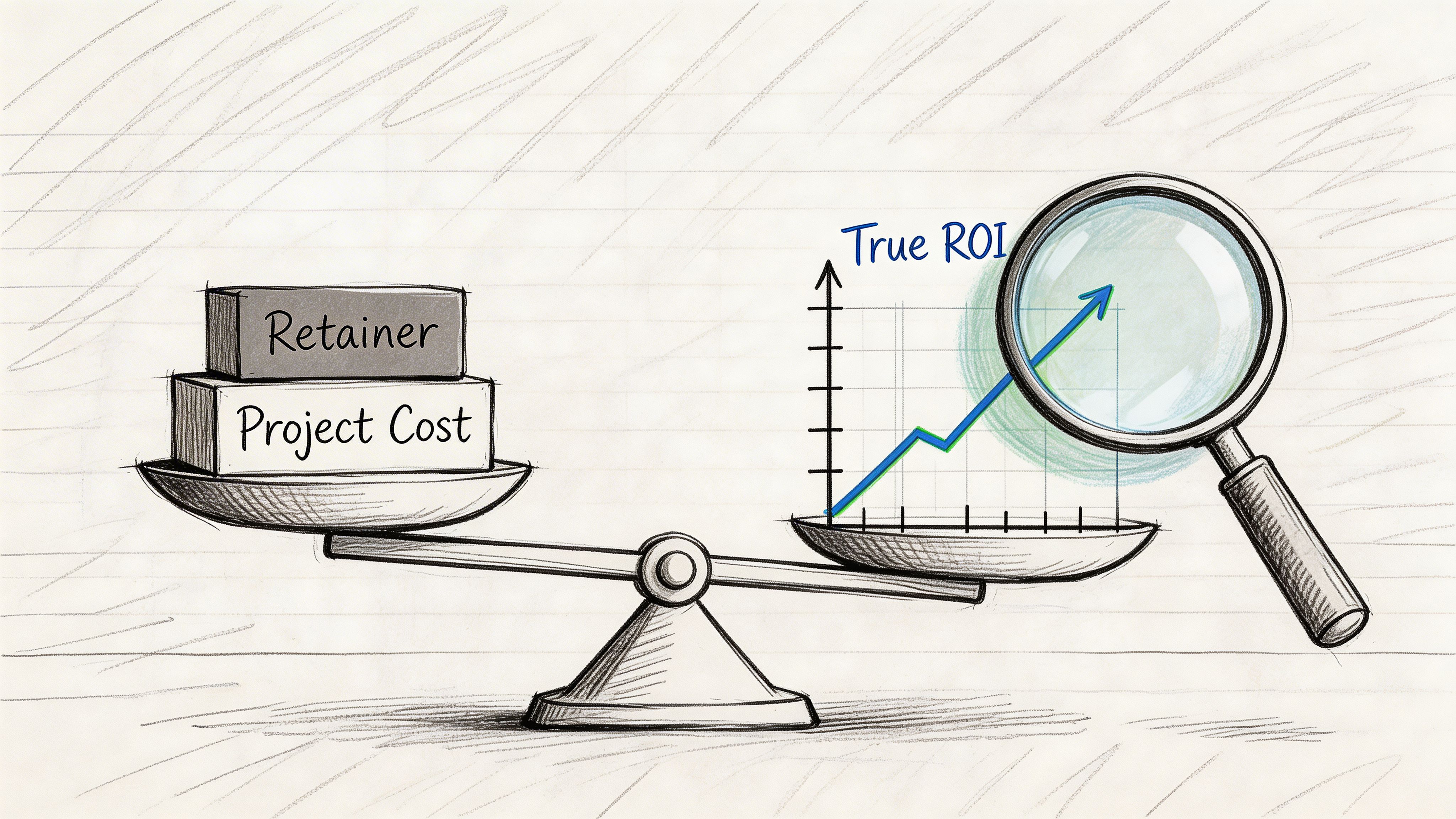 A conceptual illustration of a balance scale weighing project costs against true ROI growth under a magnifying glass.