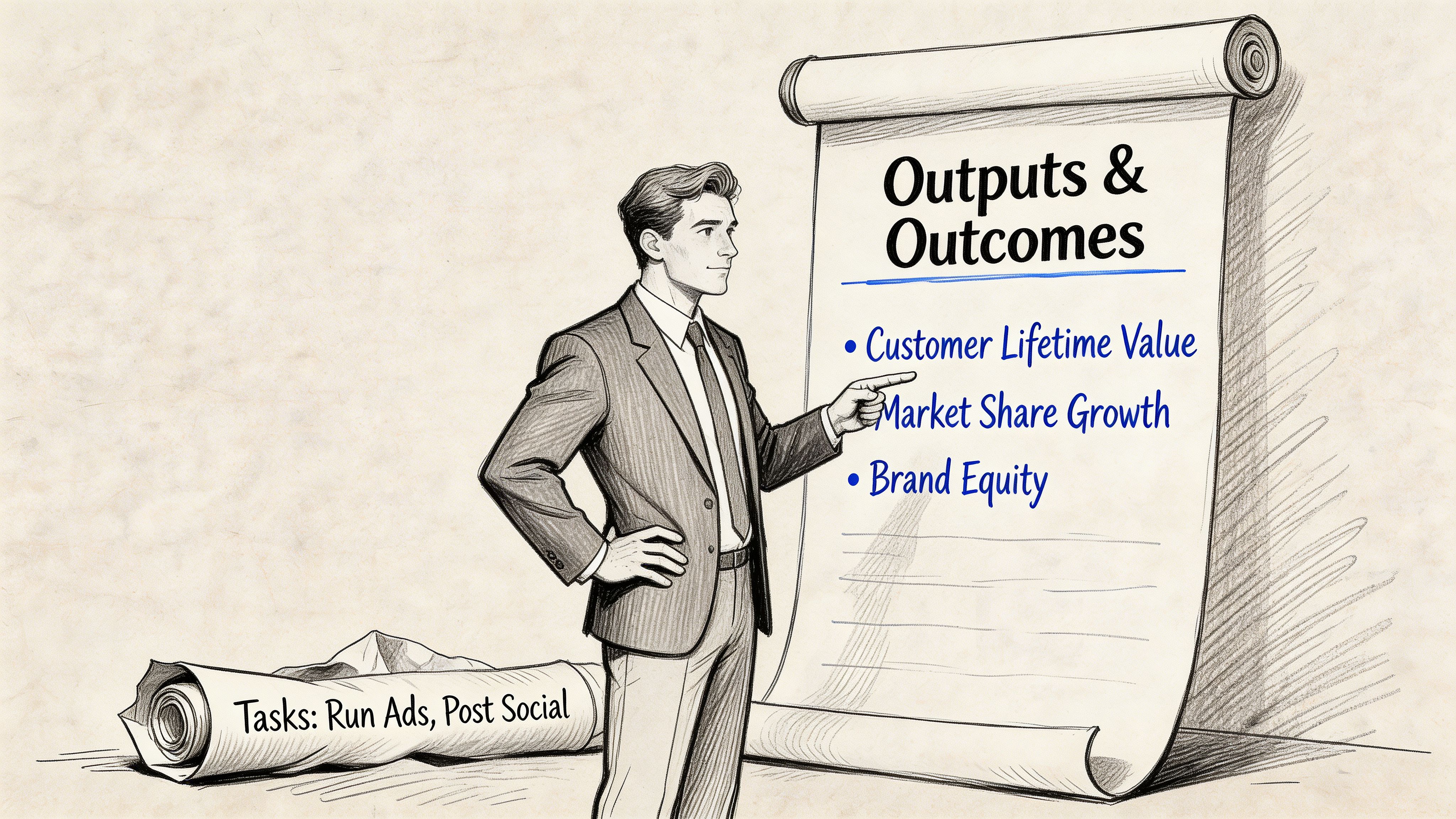 A professional in a suit pointing towards a chart comparing marketing tasks with long-term business outcomes.