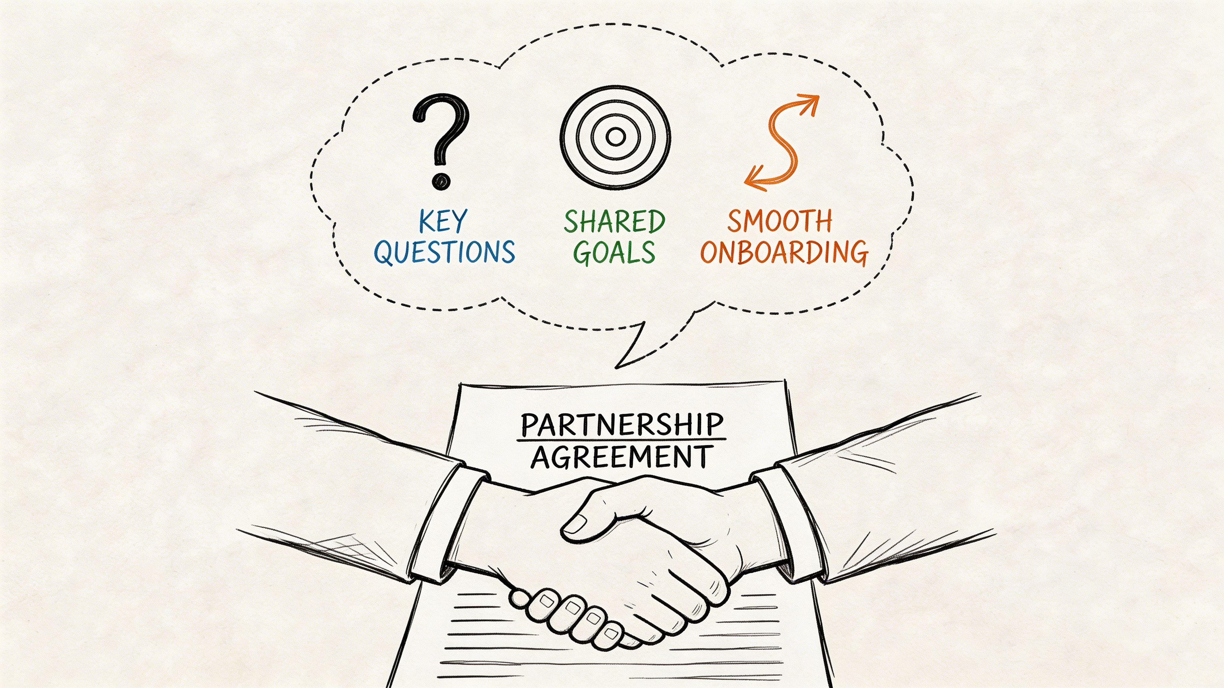 A hand-drawn illustration showing two hands shaking over a partnership agreement document with thought bubbles highlighting key business steps.