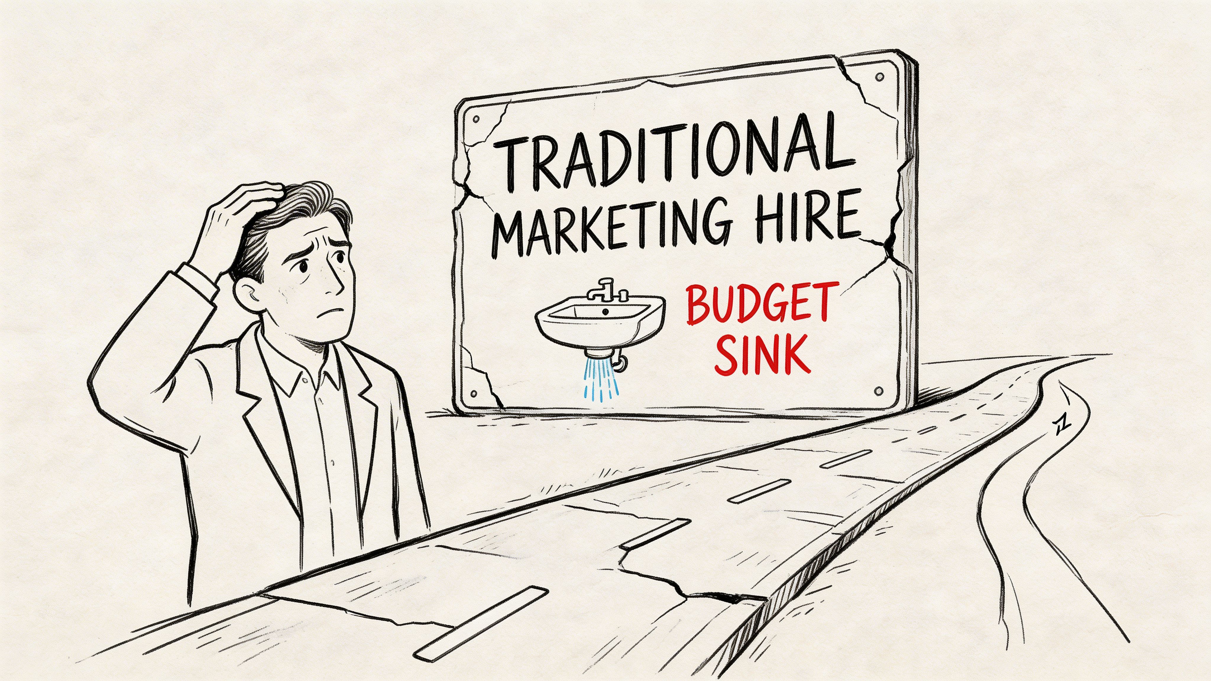A concerned professional looks at a cracked sign labeled Traditional Marketing Hire that depicts a budget sink.