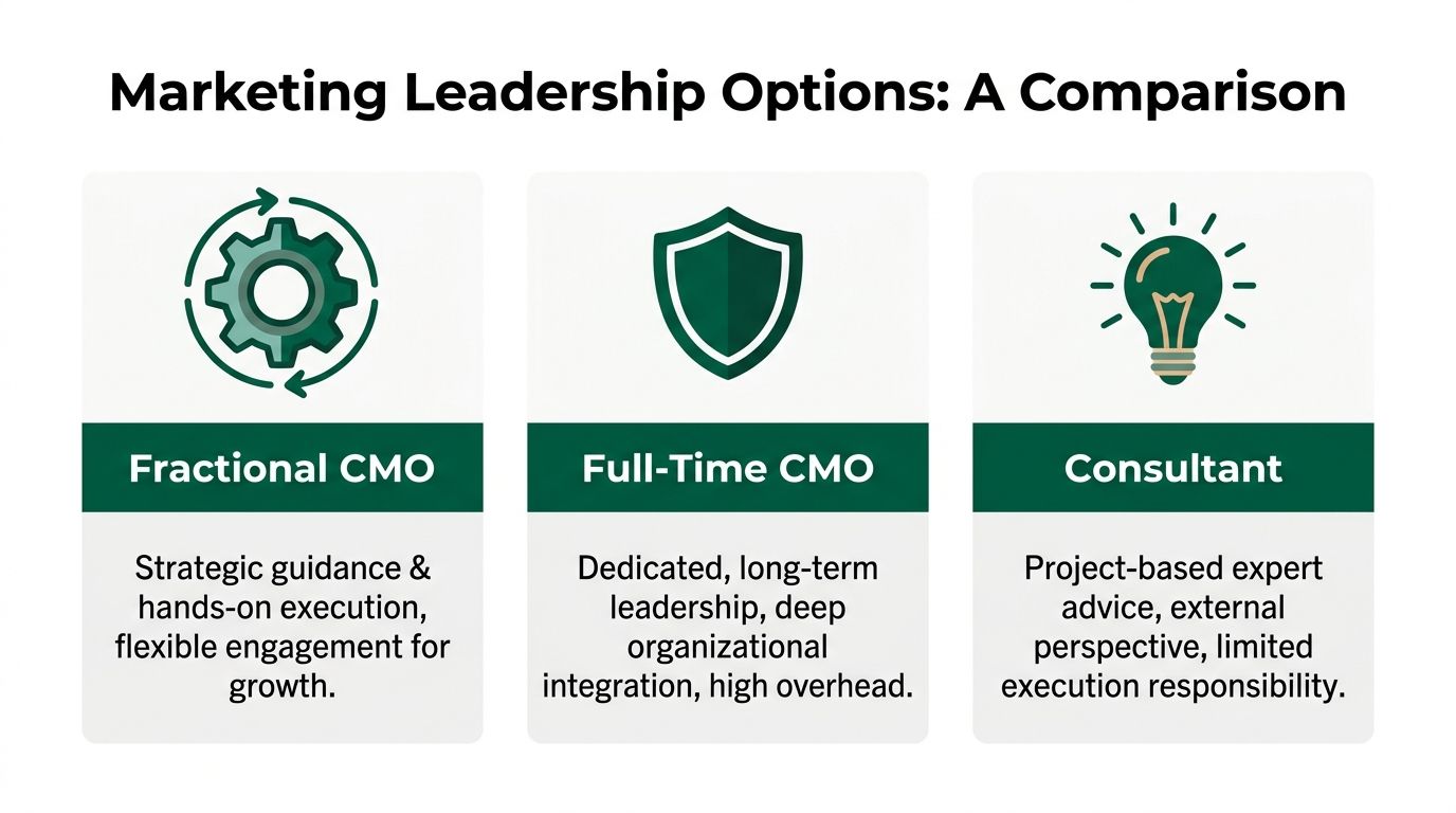 A comparison chart showing differences between fractional CMO, full-time CMO, and consultant leadership roles for businesses.