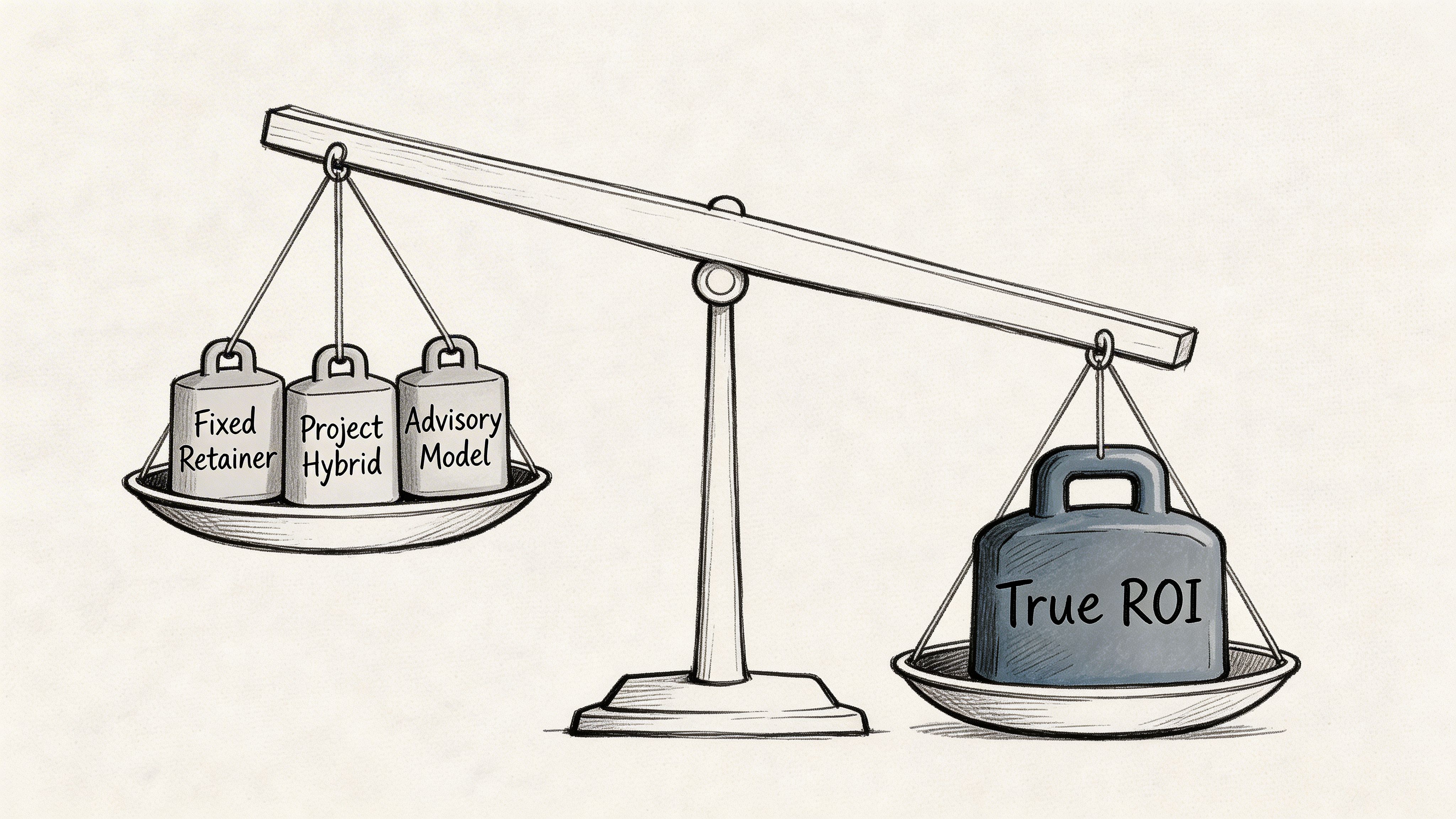 A conceptual scale balancing various service models on one side against the concept of True ROI.