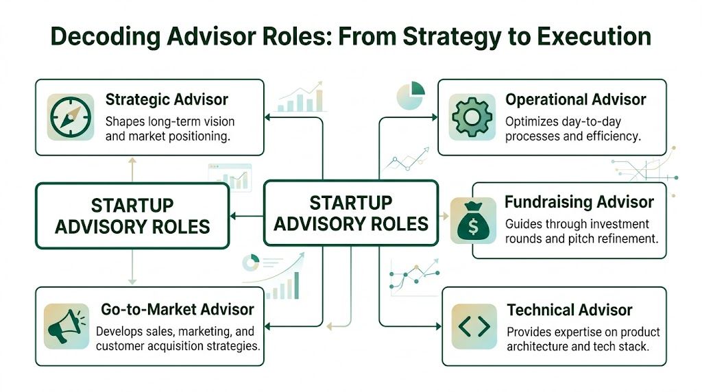 A diagram titled Decoding Advisor Roles showing five key startup advisory categories with icons and descriptions.