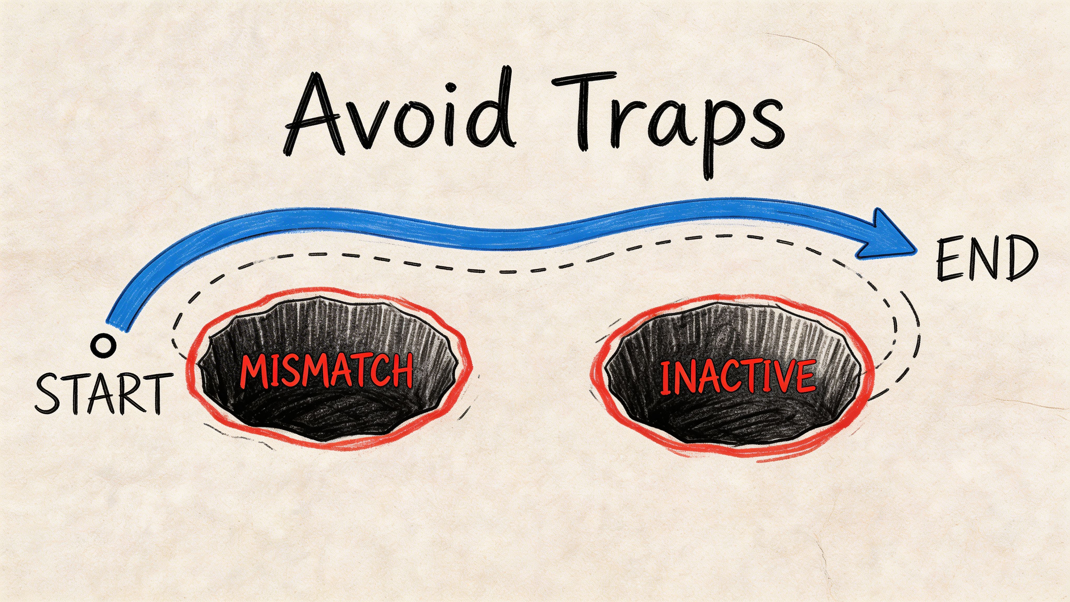 A hand-drawn illustration showing a blue arrow avoiding two dark pits labeled Mismatch and Inactive.