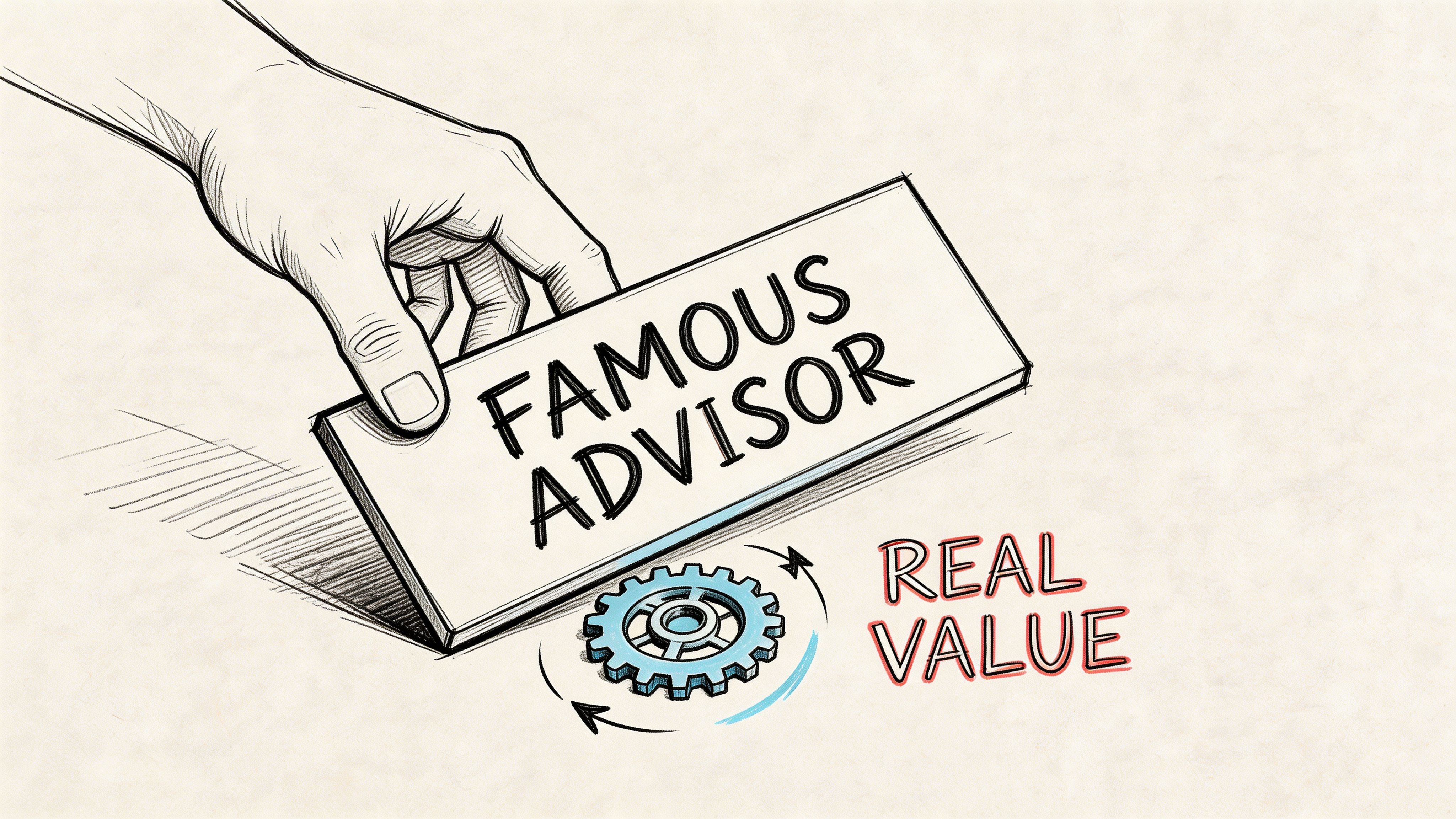 A hand placing a business card labeled Famous Advisor next to a spinning gear icon representing real value.