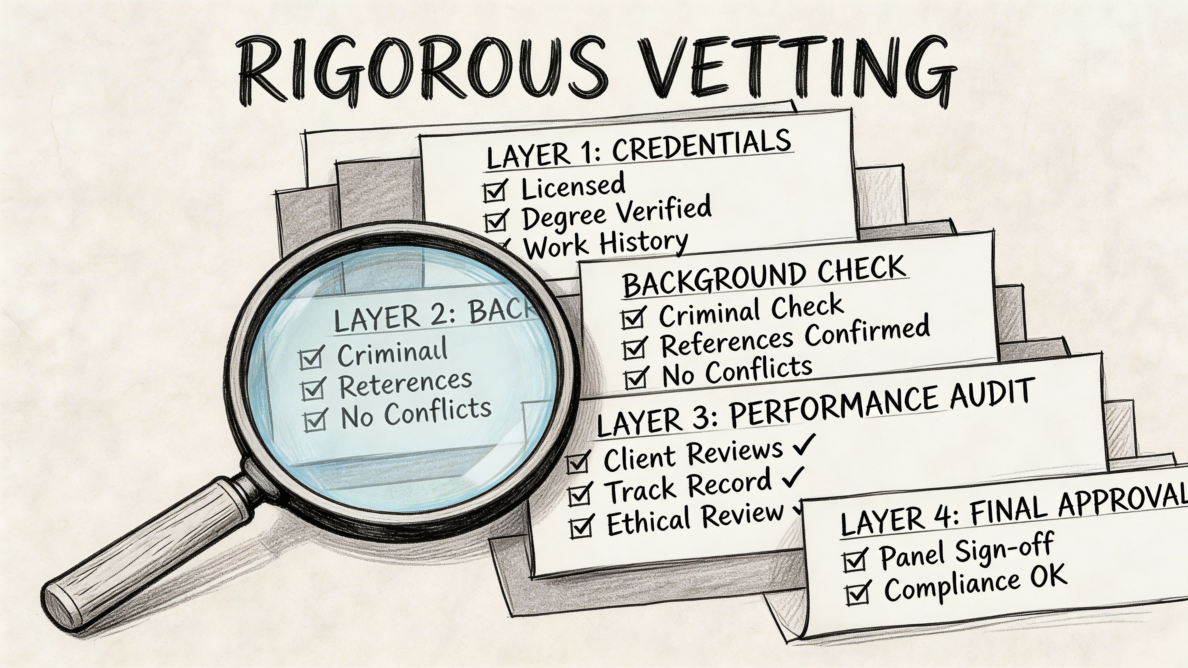 A hand-drawn infographic depicting a four-layer rigorous vetting process for professional recruitment using a magnifying glass.