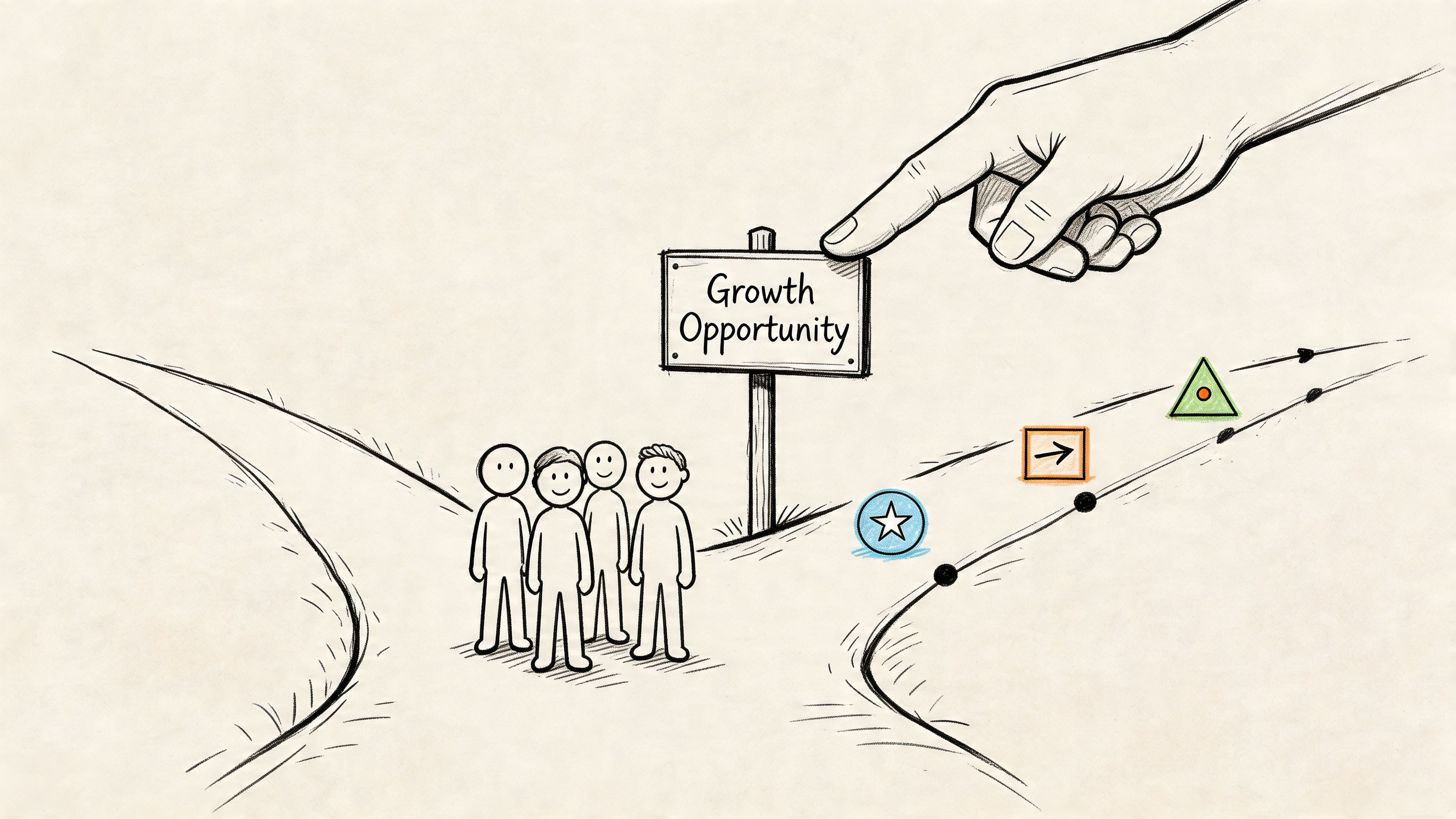 A hand pointing to a growth opportunity sign guiding a group of people down a path.