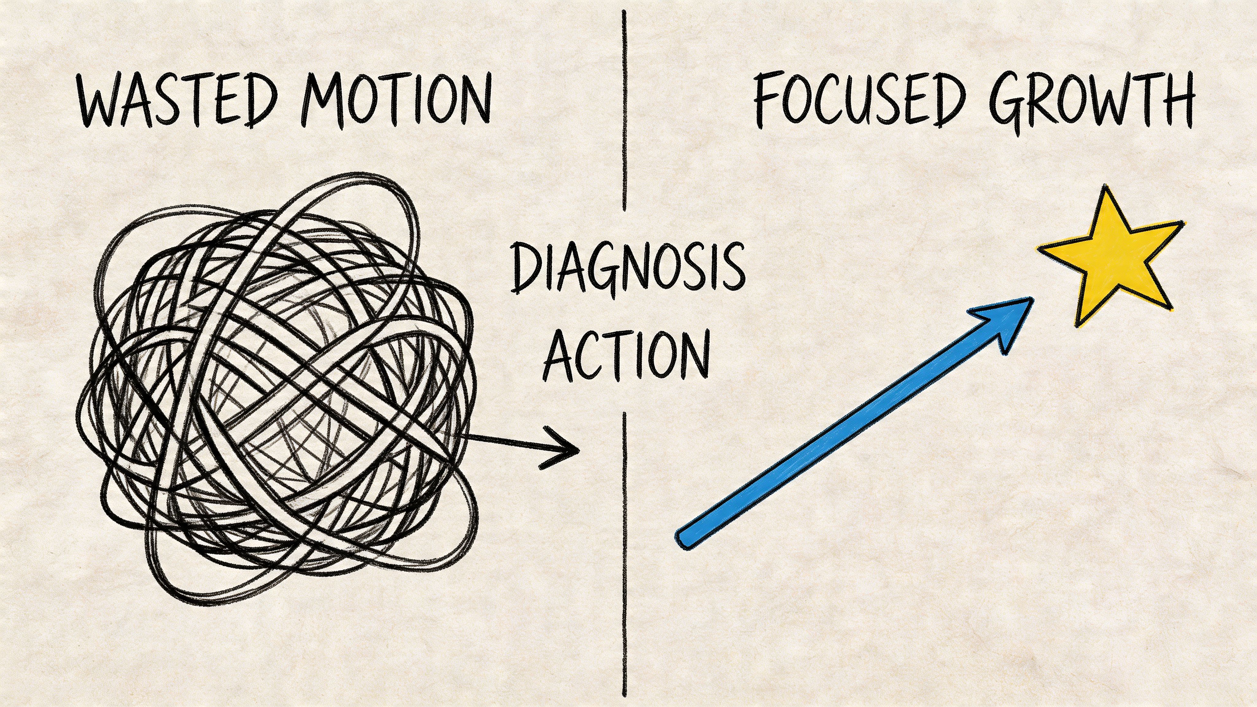 A hand-drawn diagram contrasting wasted motion in a tangled mess with focused growth toward a star.