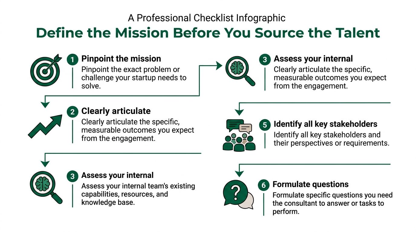 A professional infographic checklist outlining six steps to define a mission before hiring startup talent.