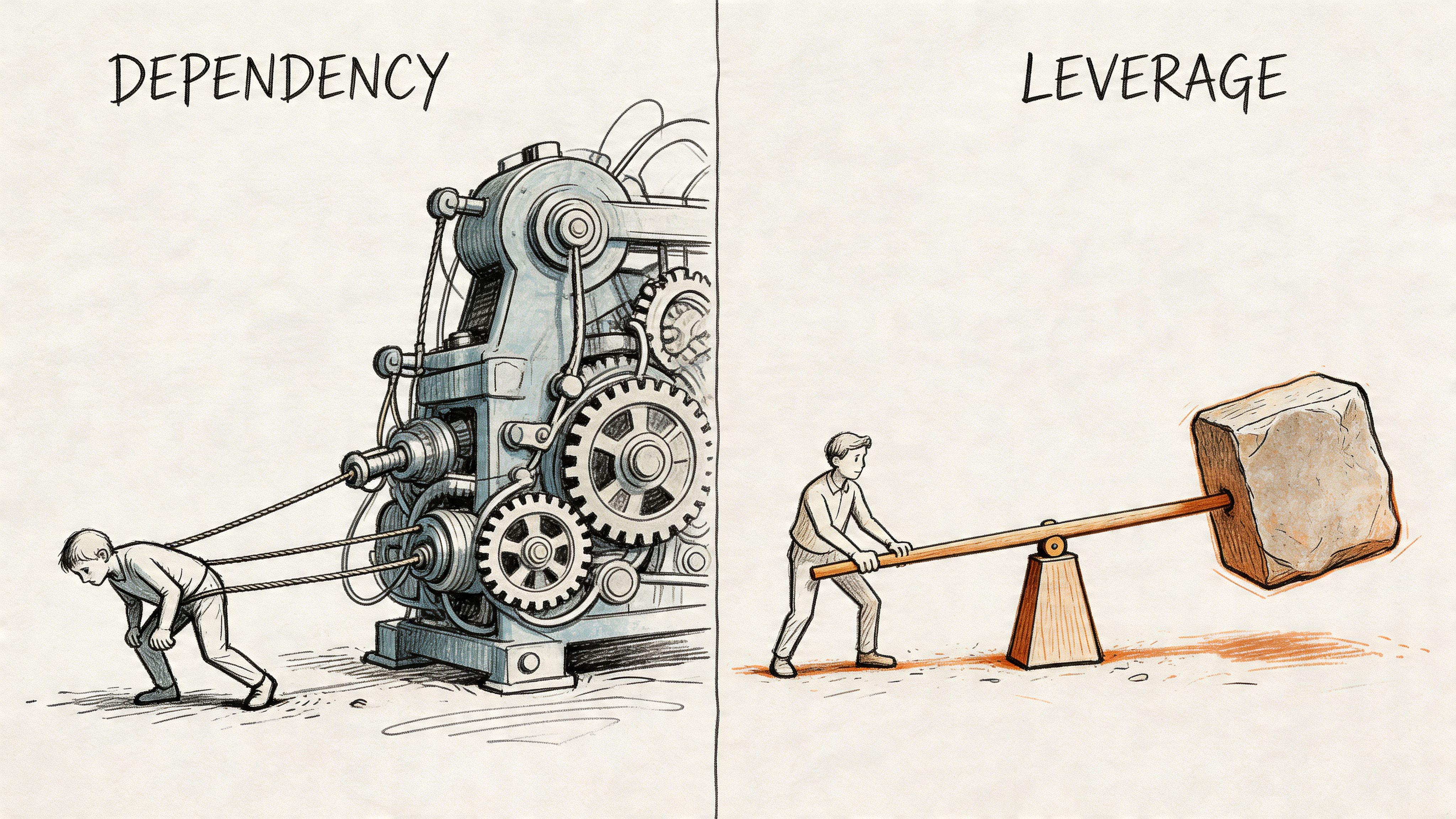 A split illustration comparing dependency shown as a man pulling a machine and leverage using a lever.