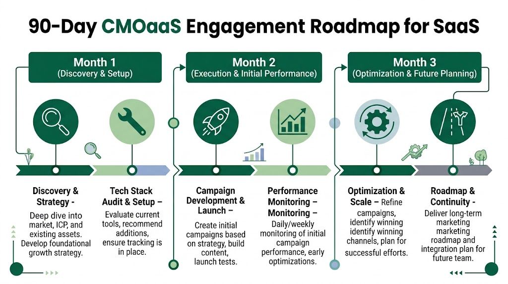 A 90-day CMO as a Service engagement roadmap for SaaS companies detailing month-by-month marketing development and optimization steps.
