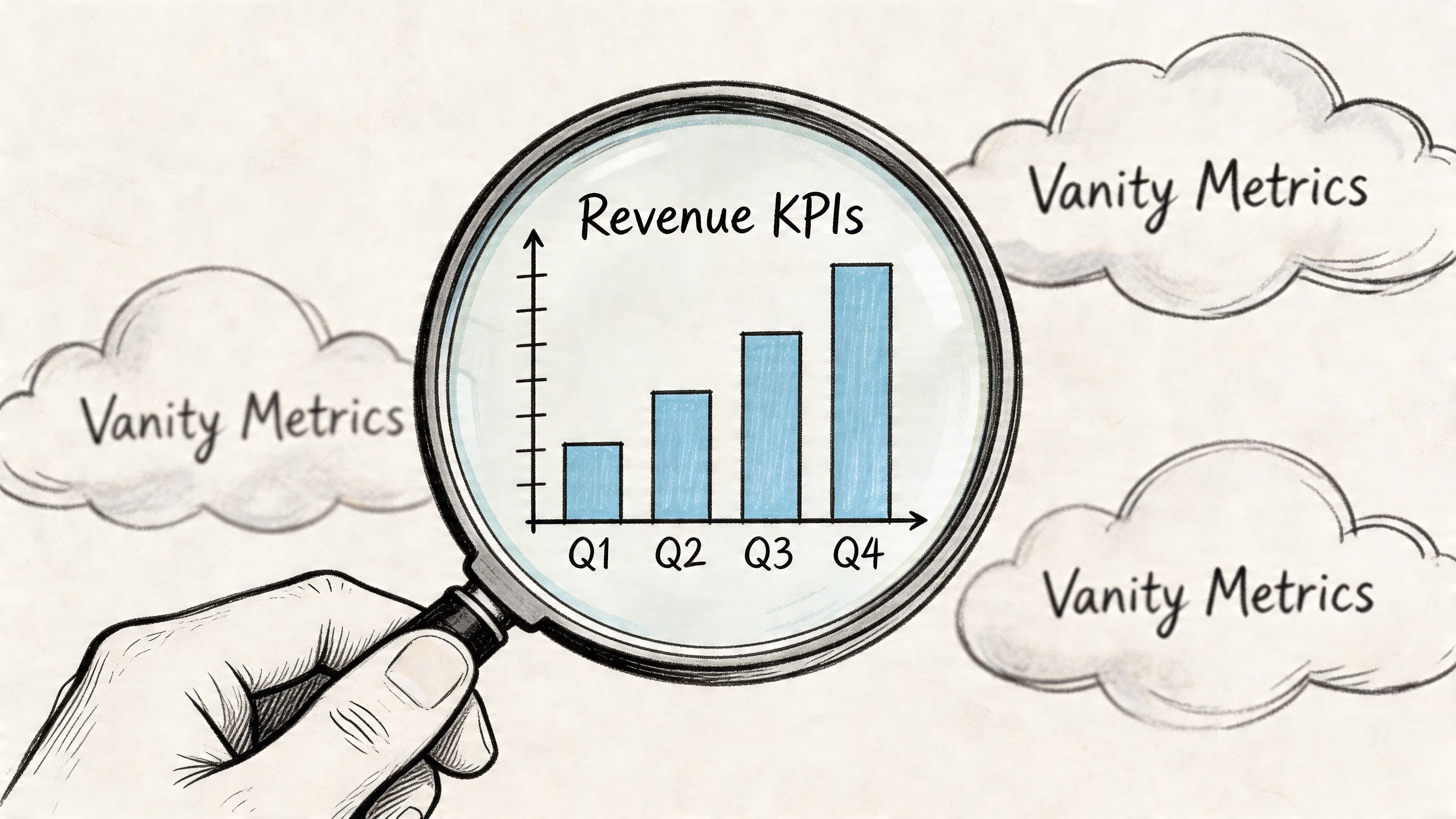 A magnifying glass focusing on a bar chart labeled Revenue KPIs surrounded by three clouds labeled Vanity Metrics.