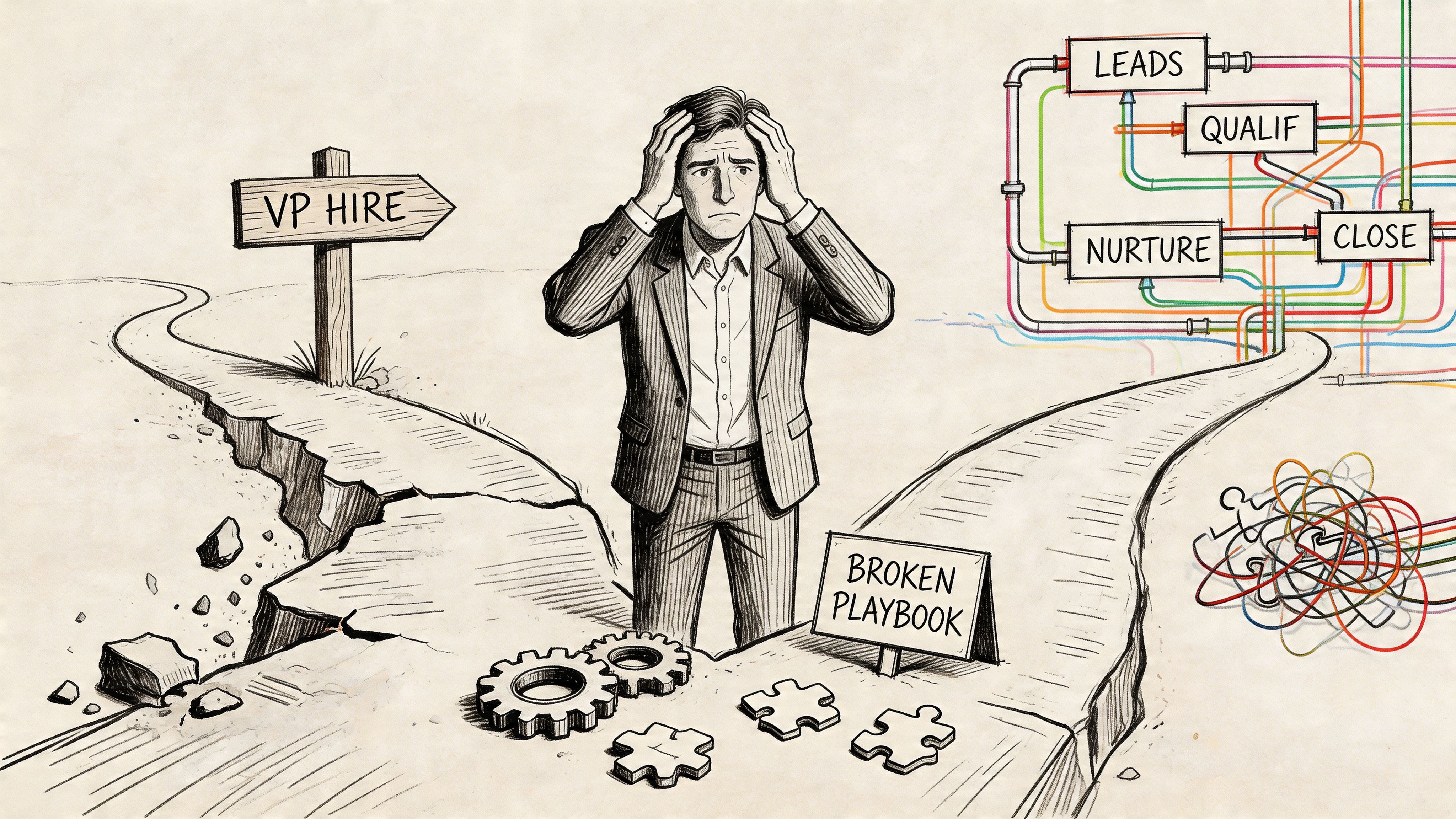 A distressed executive standing between a VP hire sign and a chaotic broken sales playbook diagram.