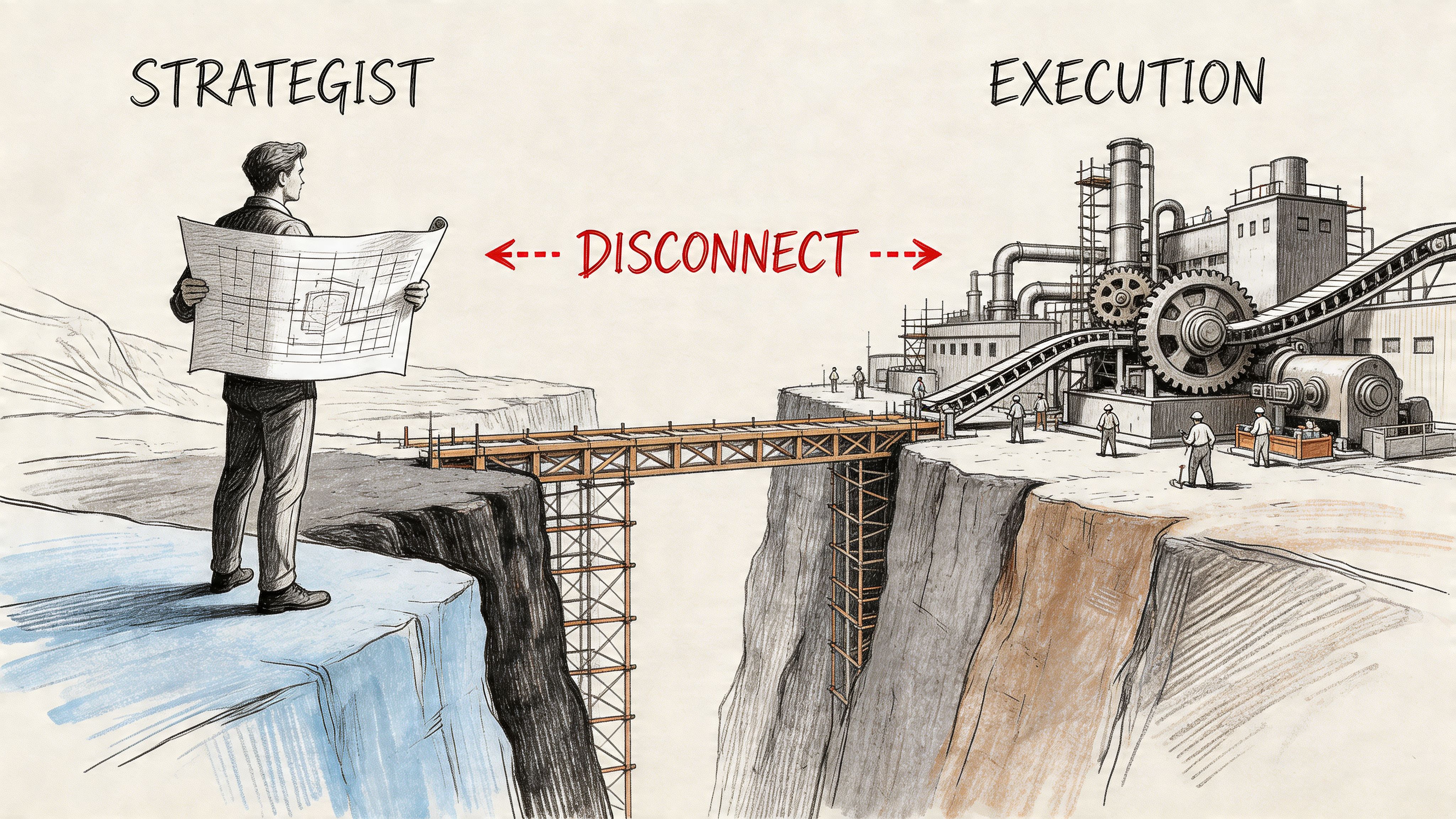 An illustration showing a strategist with a blueprint separated from an industrial execution site by a gap.