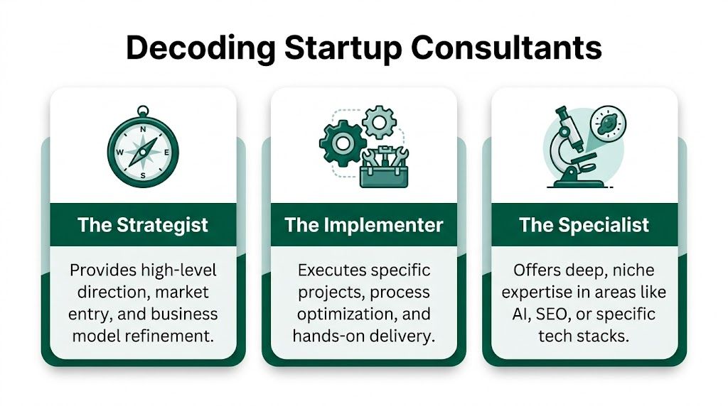 An infographic titled Decoding Startup Consultants categorizing them into The Strategist, The Implementer, and The Specialist.