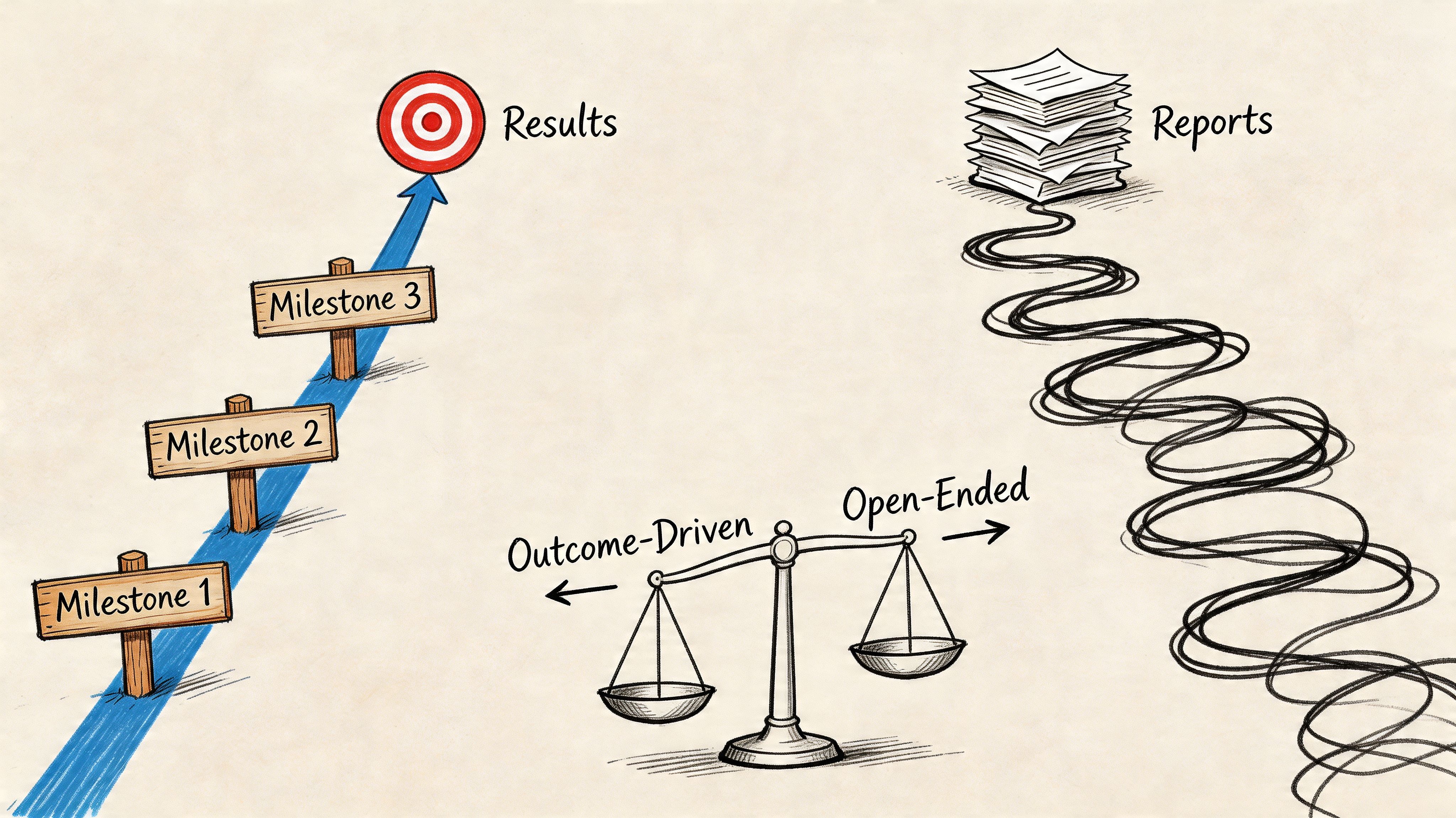 A conceptual illustration contrasting a direct path to results through milestones with an open-ended path to reports.