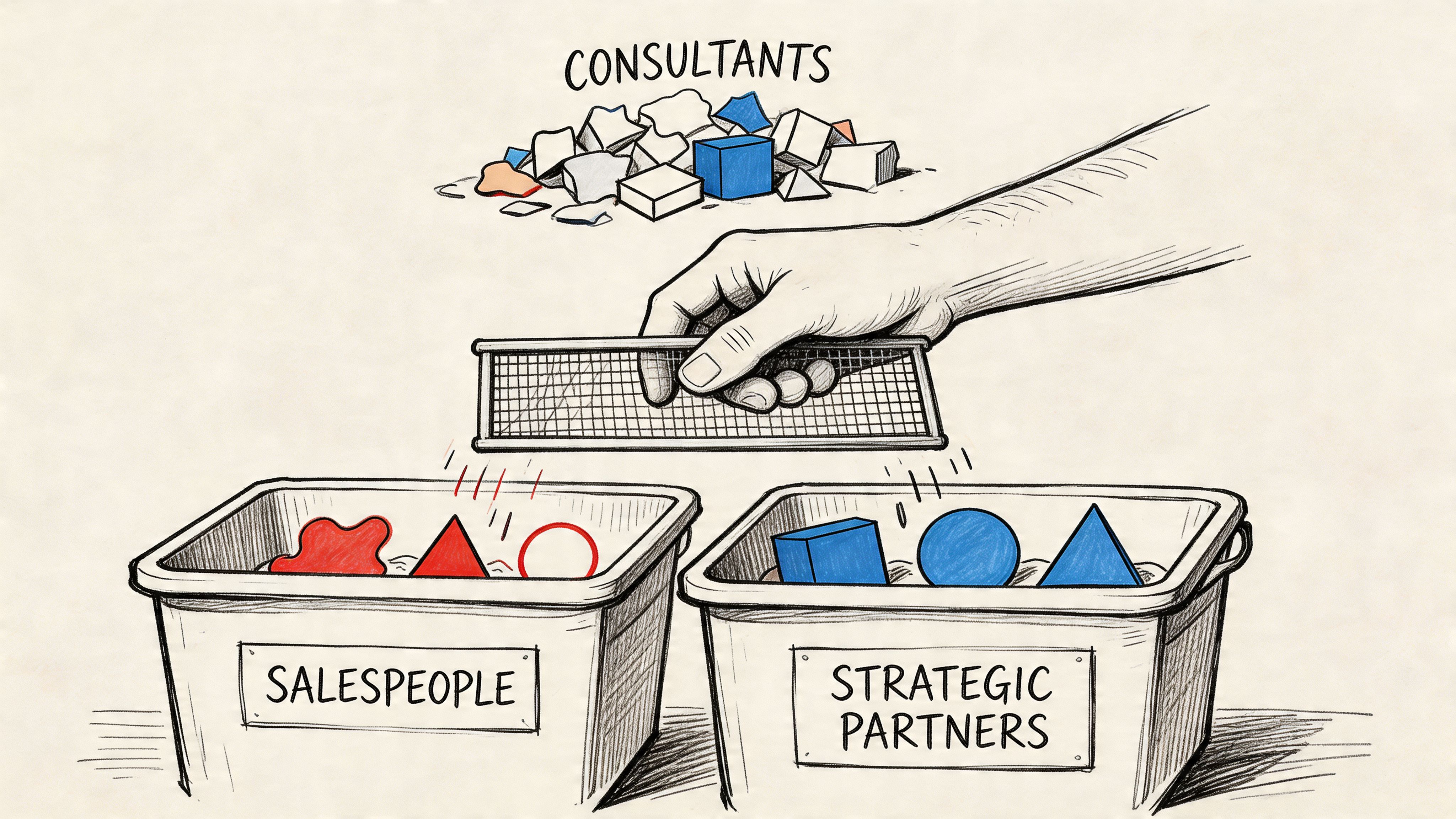 A hand using a sieve to sort abstract shapes from a group of consultants into labeled bins.