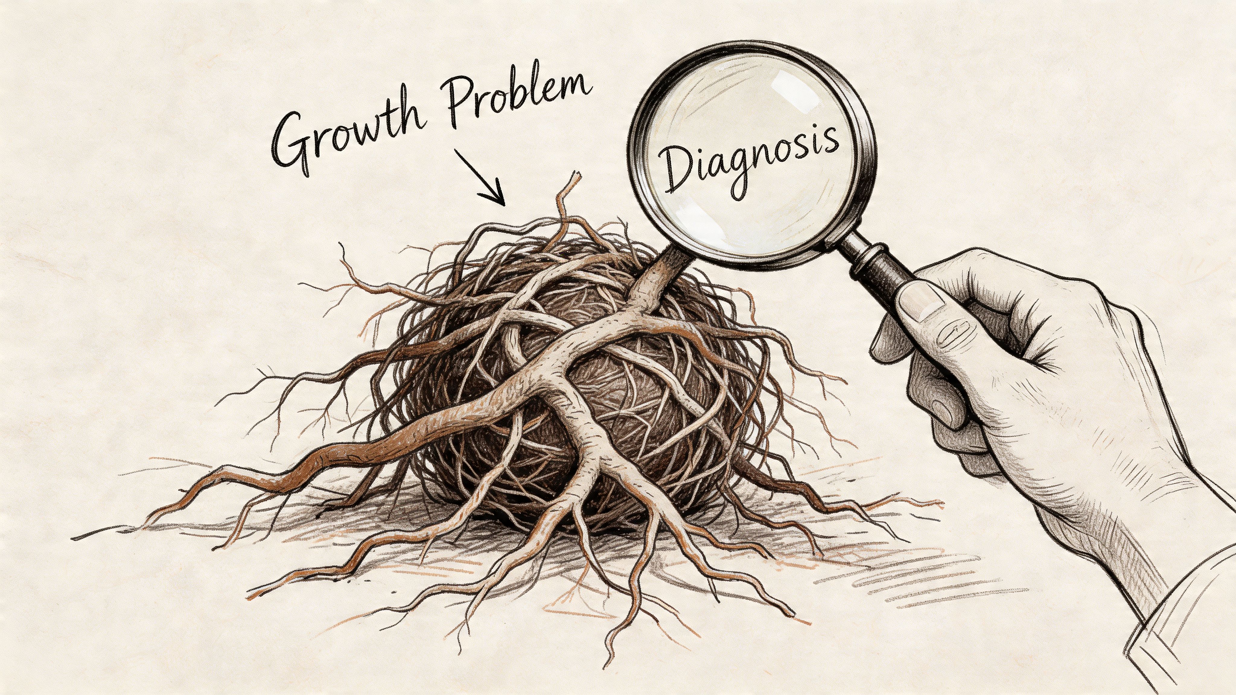 A hand holds a magnifying glass over a tangled root system labeled as a growth problem diagnosis.