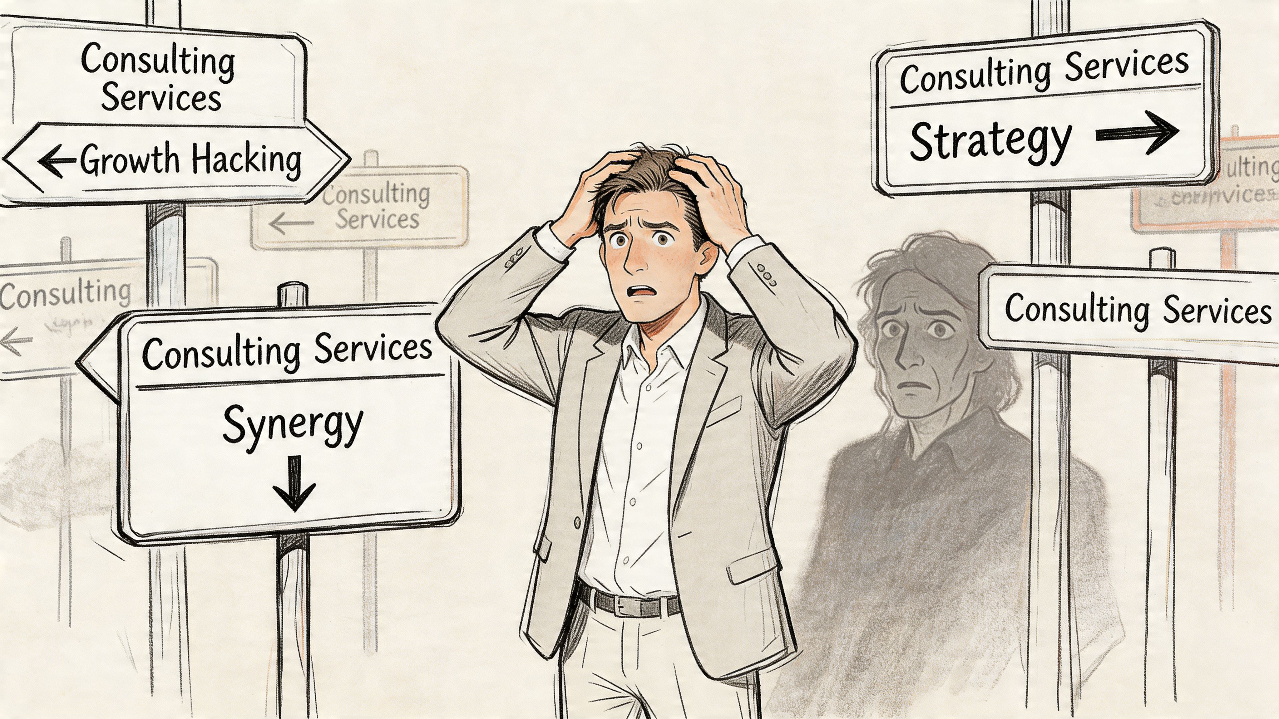 A stressed businessman stands in the middle of multiple conflicting consulting services signs representing career confusion.