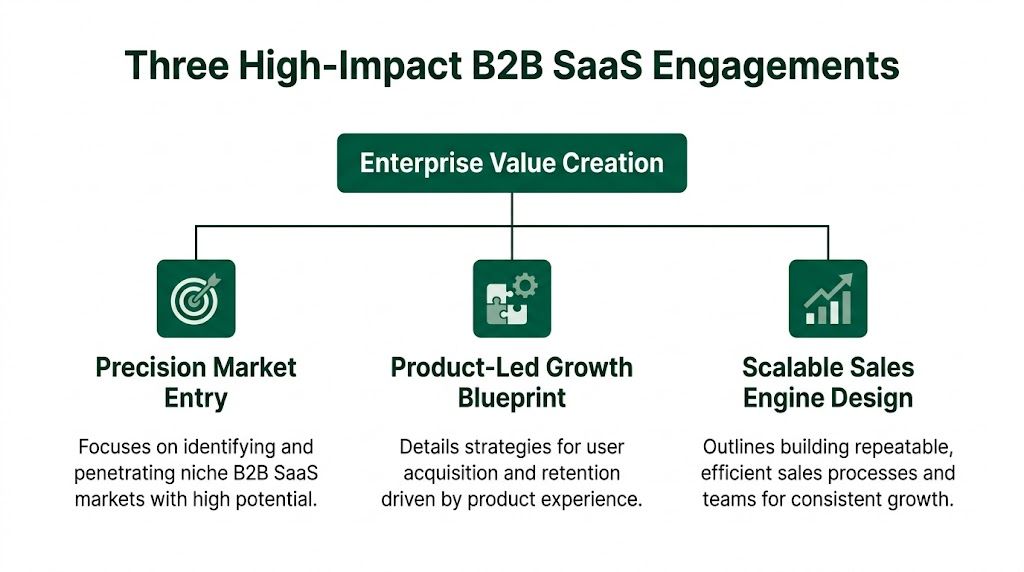 A diagram outlining three high-impact B2B SaaS engagement strategies for enterprise value creation, including market entry and growth.