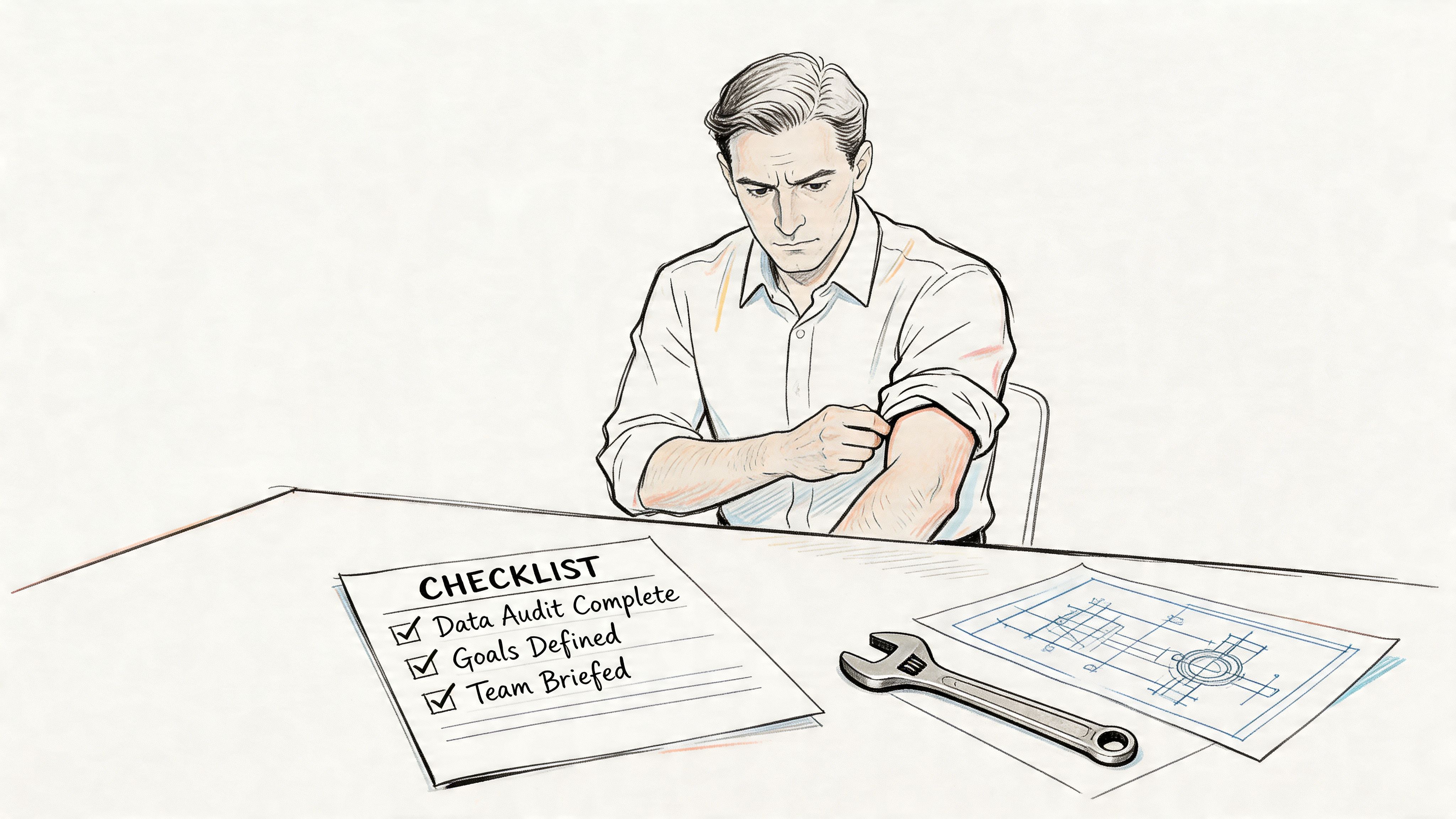 A professional man rolling up his sleeves at a desk with a completed business strategy checklist.