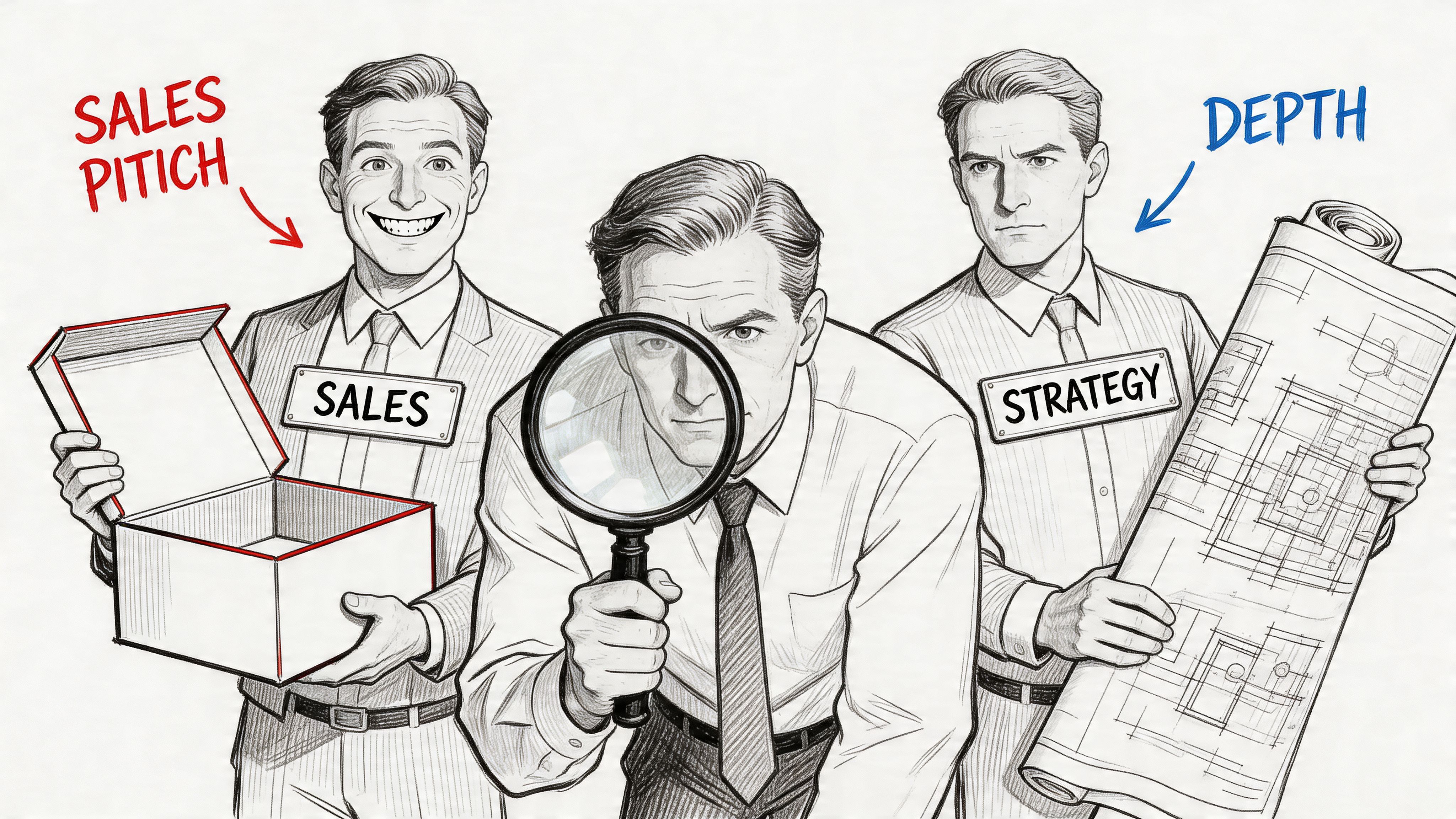 A conceptual drawing depicting the contrast between a superficial sales pitch and detailed strategic planning.